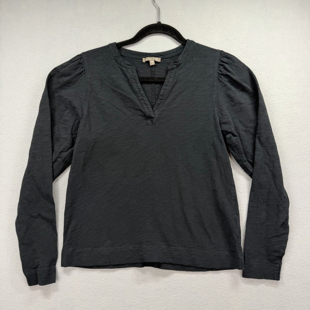Lilla P Blouse Top Women Small Black Charcoal Gray Split V Neck Puff Sleeve